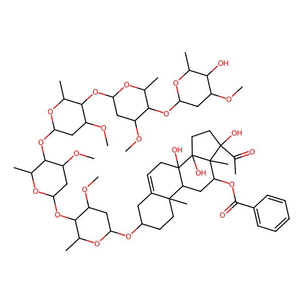 2D Structure of [(3S,8S,9R,10R,12R,13S,14R,17R)-17-acetyl-8,14,17-trihydroxy-3-[(2R,4S,5R,6R)-5-[(2S,4S,5R,6R)-5-[(2S,4S,5R,6R)-5-[(2S,4S,5R,6R)-5-[(2S,4S,5R,6R)-5-hydroxy-4-methoxy-6-methyloxan-2-yl]oxy-4-methoxy-6-methyloxan-2-yl]oxy-4-methoxy-6-methyloxan-2-yl]oxy-4-methoxy-6-methyloxan-2-yl]oxy-4-methoxy-6-methyloxan-2-yl]oxy-10,13-dimethyl-1,2,3,4,7,9,11,12,15,16-decahydrocyclopenta[a]phenanthren-12-yl] benzoate