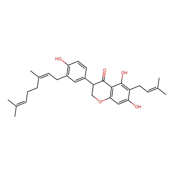 2D Structure of 3-[3-(3,7-Dimethylocta-2,6-dienyl)-4-hydroxyphenyl]-5,7-dihydroxy-6-(3-methylbut-2-enyl)-2,3-dihydrochromen-4-one