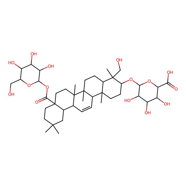2D Structure of (2R,3R,4R,5S,6S)-6-[[(3R,4S,4aS,6aR,6aR,6bS,8aR,12aR,14aR,14bS)-4-(hydroxymethyl)-4,6a,6b,11,11,14b-hexamethyl-8a-[(2R,3S,4R,5R,6S)-3,4,5-trihydroxy-6-(hydroxymethyl)oxan-2-yl]oxycarbonyl-1,2,3,4a,5,6,6a,7,8,9,10,12,12a,14a-tetradecahydropicen-3-yl]oxy]-3,4,5-trihydroxyoxane-2-carboxylic acid