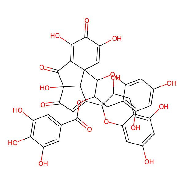 2D Structure of (2R,3R)-2-[(3aS,3bS,8aS)-3-[(2R,3R)-3,4-Dihydro-3,5,7-trihydroxy-2H-1-benzopyran-2-yl]-3a,6,8,8a-tetrahydro-5,7,8a-trihydroxy-1,6,8-trioxocyclopent[a]inden-3b(1H)-yl]-3,4-dihydro-5,7-dihydroxy-2H-1-benzopyran-3-yl 3,4,5-trihydroxybenzoate