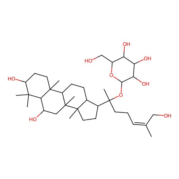 2D Structure of (2S,3R,4S,5S,6R)-2-[(Z,2S)-2-[(3S,5S,6S,8R,9R,10R,13R,14R,17S)-3,6-dihydroxy-4,4,8,10,14-pentamethyl-2,3,5,6,7,9,11,12,13,15,16,17-dodecahydro-1H-cyclopenta[a]phenanthren-17-yl]-7-hydroxy-6-methylhept-5-en-2-yl]oxy-6-(hydroxymethyl)oxane-3,4,5-triol