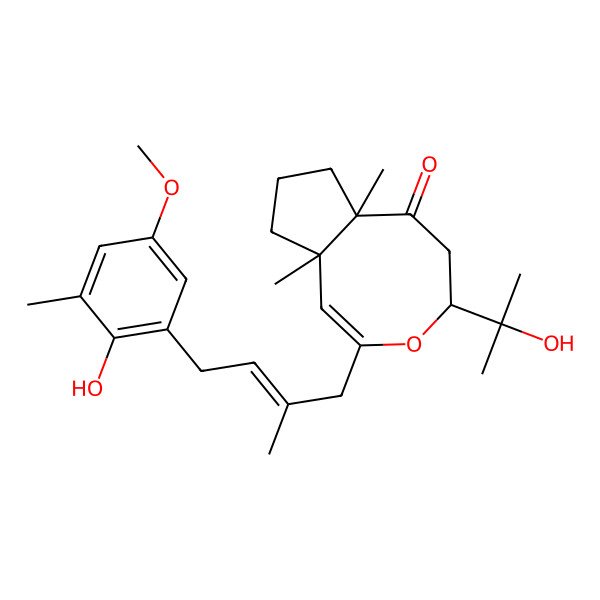 2D Structure of 2-[4-(2-hydroxy-5-methoxy-3-methylphenyl)-2-methylbut-2-enyl]-4-(2-hydroxypropan-2-yl)-6a,9a-dimethyl-5,7,8,9-tetrahydro-4H-cyclopenta[d]oxocin-6-one