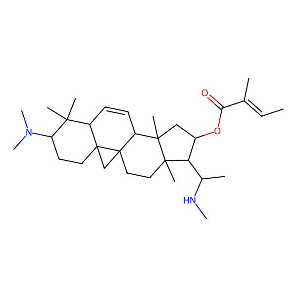 2D Structure of [(1S,3R,6S,8R,11S,12S,14R,15S,16R)-6-(dimethylamino)-7,7,12,16-tetramethyl-15-[(1R)-1-(methylamino)ethyl]-14-pentacyclo[9.7.0.01,3.03,8.012,16]octadec-9-enyl] (E)-2-methylbut-2-enoate