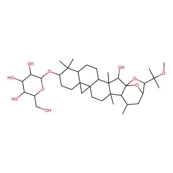 2D Structure of 2-[[2-Hydroxy-22-(2-methoxypropan-2-yl)-3,8,8,17,19-pentamethyl-23,24-dioxaheptacyclo[19.2.1.01,18.03,17.04,14.07,12.012,14]tetracosan-9-yl]oxy]-6-(hydroxymethyl)oxane-3,4,5-triol
