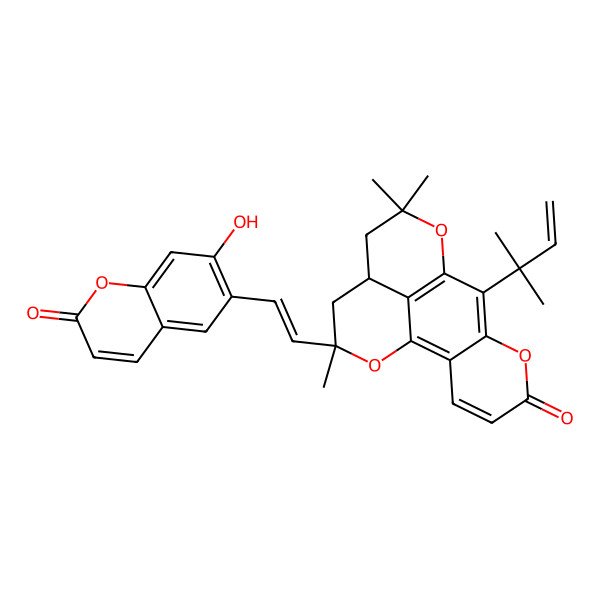 2D Structure of (13R,15R)-15-[(Z)-2-(7-hydroxy-2-oxochromen-6-yl)ethenyl]-11,11,15-trimethyl-8-(2-methylbut-3-en-2-yl)-6,10,16-trioxatetracyclo[7.7.1.02,7.013,17]heptadeca-1(17),2(7),3,8-tetraen-5-one