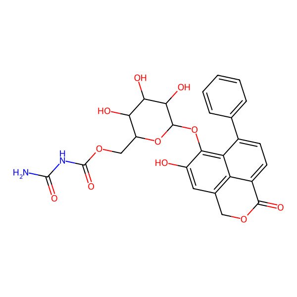 2D Structure of [3,4,5-trihydroxy-6-[(7-hydroxy-2-oxo-10-phenyl-3-oxatricyclo[7.3.1.05,13]trideca-1(13),5,7,9,11-pentaen-8-yl)oxy]oxan-2-yl]methyl N-carbamoylcarbamate