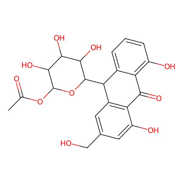 2D Structure of [(2S,3S,4R,5R,6S)-6-[(9S)-4,5-dihydroxy-2-(hydroxymethyl)-10-oxo-9H-anthracen-9-yl]-3,4,5-trihydroxyoxan-2-yl] acetate