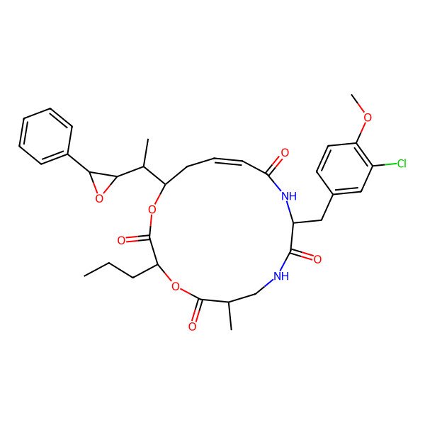 2D Structure of 10-[(3-Chloro-4-methoxyphenyl)methyl]-6-methyl-16-[1-(3-phenyloxiran-2-yl)ethyl]-3-propyl-1,4-dioxa-8,11-diazacyclohexadec-13-ene-2,5,9,12-tetrone