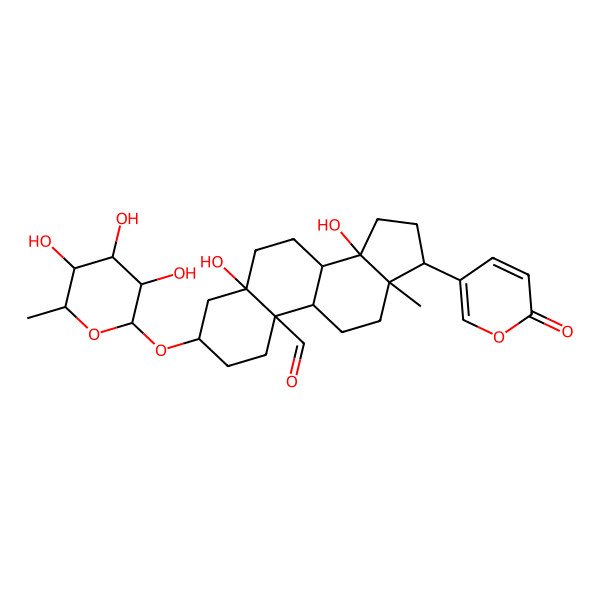 2D Structure of 5,14-dihydroxy-13-methyl-17-(6-oxopyran-3-yl)-3-(3,4,5-trihydroxy-6-methyloxan-2-yl)oxy-2,3,4,6,7,8,9,11,12,15,16,17-dodecahydro-1H-cyclopenta[a]phenanthrene-10-carbaldehyde