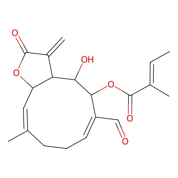2D Structure of [(3aR,4S,5R,6E,10E,11aR)-6-formyl-4-hydroxy-10-methyl-3-methylidene-2-oxo-3a,4,5,8,9,11a-hexahydrocyclodeca[b]furan-5-yl] (Z)-2-methylbut-2-enoate