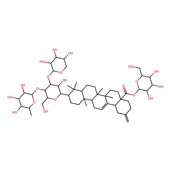 2D Structure of [(2S,3R,4S,5S,6R)-3,4,5-trihydroxy-6-(hydroxymethyl)oxan-2-yl] (4aS,6aR,6aS,6bR,8aS,10S,12aS,14bS)-10-[(2S,3S,4R,5R,6R)-3-hydroxy-6-(hydroxymethyl)-5-[(2S,3R,4R,5R,6S)-3,4,5-trihydroxy-6-methyloxan-2-yl]oxy-4-[(2S,3R,4S,5S)-3,4,5-trihydroxyoxan-2-yl]oxyoxan-2-yl]-6a,6b,9,9,12a-pentamethyl-2-methylidene-1,3,4,5,6,6a,7,8,8a,10,11,12,13,14b-tetradecahydropicene-4a-carboxylate