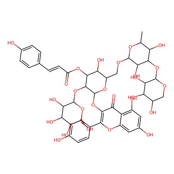 2D Structure of [(2S,3R,4S,5S,6R)-2-[5,7-dihydroxy-2-(4-hydroxyphenyl)-4-oxochromen-3-yl]oxy-6-[[(2R,3R,4R,5S,6S)-3,5-dihydroxy-6-methyl-4-[(2S,3R,4S,5R)-3,4,5-trihydroxyoxan-2-yl]oxyoxan-2-yl]oxymethyl]-5-hydroxy-3-[(2R,3R,4R,5R,6R)-3,4,5,6-tetrahydroxyoxan-2-yl]oxyoxan-4-yl] (E)-3-(4-hydroxyphenyl)prop-2-enoate