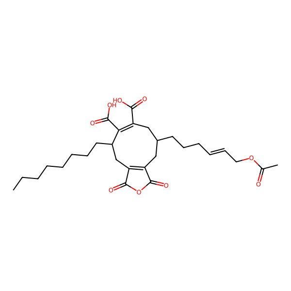 2D Structure of 9-(6-acetyloxyhex-4-enyl)-5-octyl-1,3-dioxo-5,8,9,10-tetrahydro-4H-cyclonona[c]furan-6,7-dicarboxylic acid