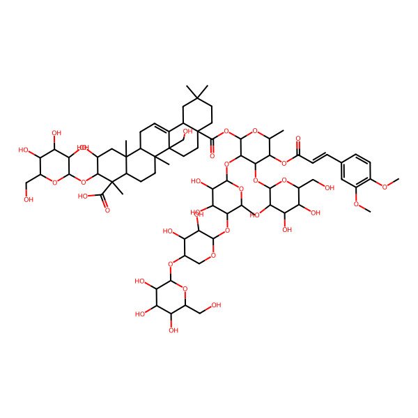 2D Structure of (2S,3R,4S,4aR,6aR,6bR,8aS,12aS,14aR,14bR)-8a-[(2S,3R,4S,5S,6R)-3-[(2S,3R,4R,5R,6S)-5-[(2S,3R,4R,5R)-3,4-dihydroxy-5-[(2S,3R,4S,5R,6R)-3,4,5-trihydroxy-6-(hydroxymethyl)oxan-2-yl]oxyoxan-2-yl]oxy-3,4-dihydroxy-6-methyloxan-2-yl]oxy-5-[(E)-3-(3,4-dimethoxyphenyl)prop-2-enoyl]oxy-6-methyl-4-[(2S,3R,4S,5S,6R)-3,4,5-trihydroxy-6-(hydroxymethyl)oxan-2-yl]oxyoxan-2-yl]oxycarbonyl-2-hydroxy-6b-(hydroxymethyl)-4,6a,11,11,14b-pentamethyl-3-[(2R,3R,4S,5S,6S)-3,4,5-trihydroxy-6-(hydroxymethyl)oxan-2-yl]oxy-1,2,3,4a,5,6,7,8,9,10,12,12a,14,14a-tetradecahydropicene-4-carboxylic acid