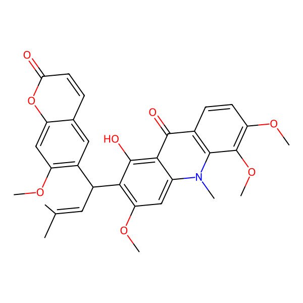 2D Structure of 1-hydroxy-3,5,6-trimethoxy-2-[(1S)-1-(7-methoxy-2-oxochromen-6-yl)-3-methylbut-2-enyl]-10-methylacridin-9-one