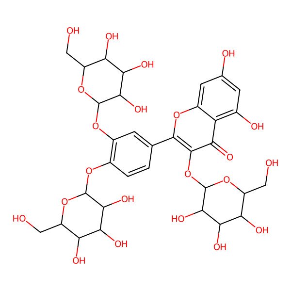 2D Structure of 2-[3,4-bis[[(2S,3S,4S,5S,6R)-3,4,5-trihydroxy-6-(hydroxymethyl)oxan-2-yl]oxy]phenyl]-5,7-dihydroxy-3-[(2S,3R,4S,5S,6R)-3,4,5-trihydroxy-6-(hydroxymethyl)oxan-2-yl]oxychromen-4-one
