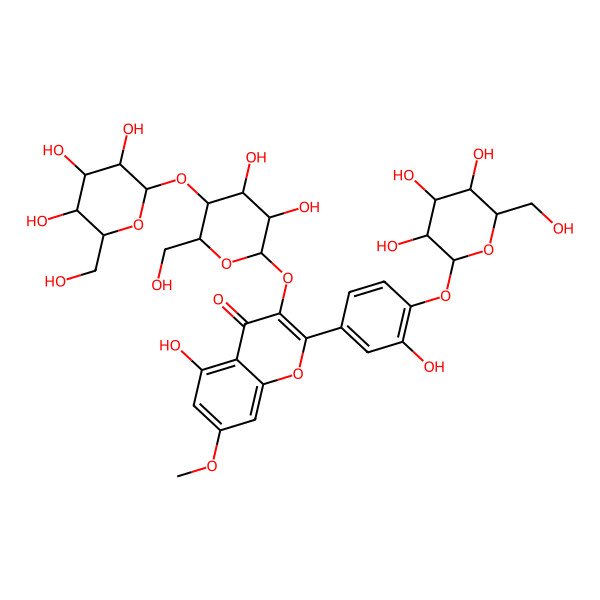 2D Structure of 3-[(2S,3R,4R,5S,6R)-3,4-dihydroxy-6-(hydroxymethyl)-5-[(2S,3R,4S,5S,6R)-3,4,5-trihydroxy-6-(hydroxymethyl)oxan-2-yl]oxyoxan-2-yl]oxy-5-hydroxy-2-[3-hydroxy-4-[(2S,3R,4S,5S,6R)-3,4,5-trihydroxy-6-(hydroxymethyl)oxan-2-yl]oxyphenyl]-7-methoxychromen-4-one