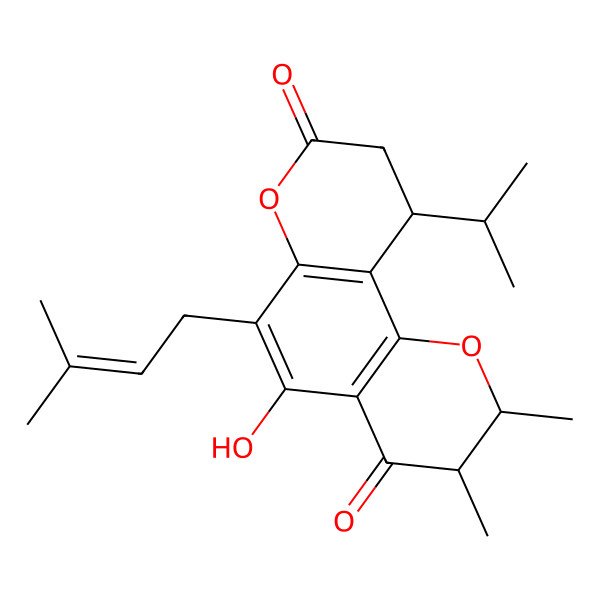 2D Structure of (2S,3R,10S)-5-hydroxy-2,3-dimethyl-6-(3-methylbut-2-enyl)-10-propan-2-yl-2,3,9,10-tetrahydropyrano[2,3-h]chromene-4,8-dione