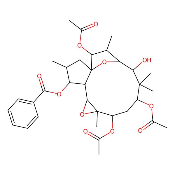 2D Structure of [(1R,3S,4S,5R,6R,8R,9R,11R,13R,14R,15S,16S)-9,11,16-triacetyloxy-13-hydroxy-3,8,12,12,15-pentamethyl-7,17-dioxatetracyclo[12.2.1.01,5.06,8]heptadecan-4-yl] benzoate