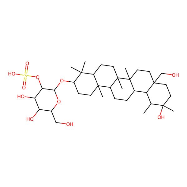 2D Structure of [(2R,3R,4S,5S,6R)-2-[[(3S,4aR,6aR,6aR,6bR,8aR,11S,12S,12aS,14aR,14bR)-11-hydroxy-8a-(hydroxymethyl)-4,4,6a,6b,11,12,14b-heptamethyl-1,2,3,4a,5,6,6a,7,8,9,10,12,12a,13,14,14a-hexadecahydropicen-3-yl]oxy]-4,5-dihydroxy-6-(hydroxymethyl)oxan-3-yl] hydrogen sulfate
