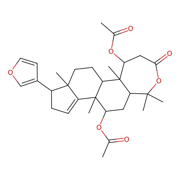 2D Structure of [(1R,2R,3S,8R,10R,11R,15R,16S)-3-acetyloxy-15-(furan-3-yl)-2,7,7,11,16-pentamethyl-5-oxo-6-oxatetracyclo[9.7.0.02,8.012,16]octadec-12-en-10-yl] acetate