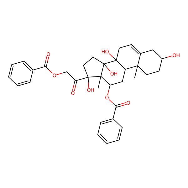 2D Structure of [2-[(3S,8S,9R,10R,12R,13S,14R,17S)-12-benzoyloxy-3,8,14,17-tetrahydroxy-10,13-dimethyl-1,2,3,4,7,9,11,12,15,16-decahydrocyclopenta[a]phenanthren-17-yl]-2-oxoethyl] benzoate