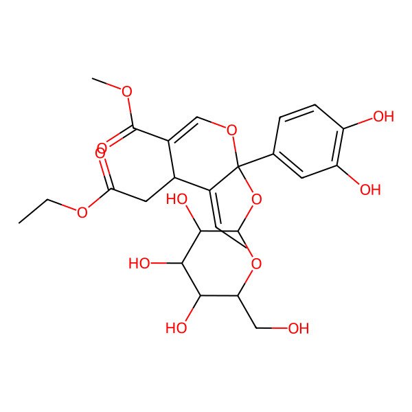 2D Structure of methyl (4S,5E,6R)-6-(3,4-dihydroxyphenyl)-4-(2-ethoxy-2-oxoethyl)-5-ethylidene-6-[(2S,3R,4S,5S,6R)-3,4,5-trihydroxy-6-(hydroxymethyl)oxan-2-yl]oxy-4H-pyran-3-carboxylate