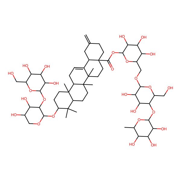 2D Structure of [6-[[3,4-Dihydroxy-6-(hydroxymethyl)-5-(3,4,5-trihydroxy-6-methyloxan-2-yl)oxyoxan-2-yl]oxymethyl]-3,4,5-trihydroxyoxan-2-yl] 10-[4,5-dihydroxy-3-[3,4,5-trihydroxy-6-(hydroxymethyl)oxan-2-yl]oxyoxan-2-yl]oxy-6a,6b,9,9,12a-pentamethyl-2-methylidene-1,3,4,5,6,6a,7,8,8a,10,11,12,13,14b-tetradecahydropicene-4a-carboxylate