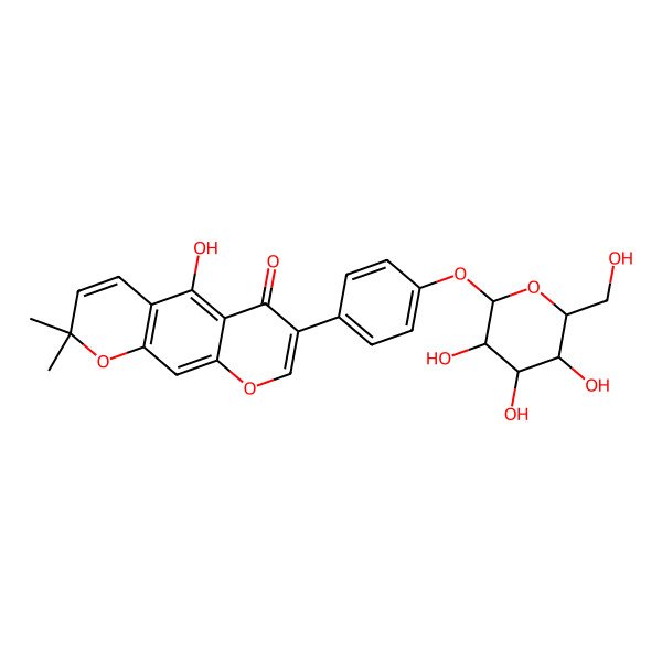 2D Structure of 5-hydroxy-2,2-dimethyl-7-[4-[(2S,3R,4S,5S,6R)-3,4,5-trihydroxy-6-(hydroxymethyl)oxan-2-yl]oxyphenyl]pyrano[3,2-g]chromen-6-one