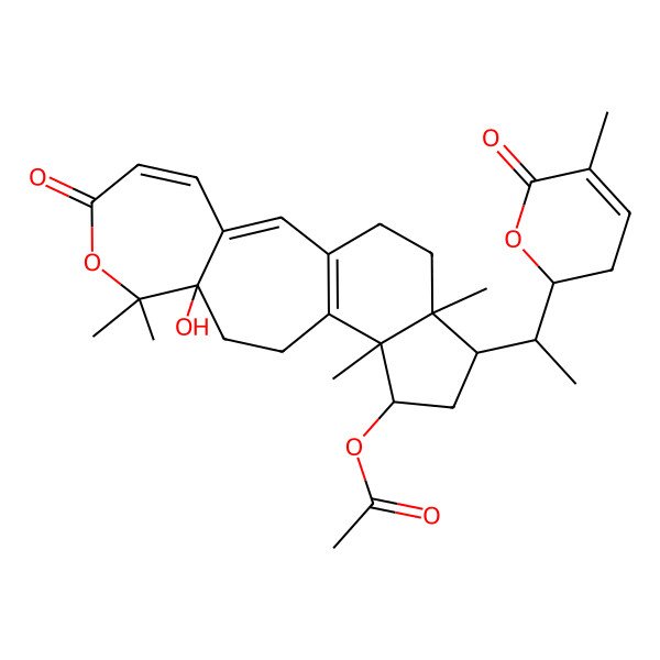 2D Structure of [(9S,13R,14R,17R)-9-hydroxy-8,8,13,17-tetramethyl-16-[(1S)-1-[(2R)-5-methyl-6-oxo-2,3-dihydropyran-2-yl]ethyl]-6-oxo-7-oxatetracyclo[10.7.0.03,9.013,17]nonadeca-1(12),2,4-trien-14-yl] acetate