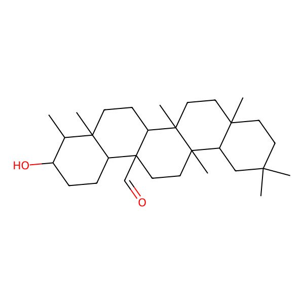 2D Structure of 10-Hydroxy-2,2,4a,6a,8a,9,14a-heptamethyl-1,3,4,5,6,6b,7,8,9,10,11,12,12a,13,14,14b-hexadecahydropicene-6a-carbaldehyde