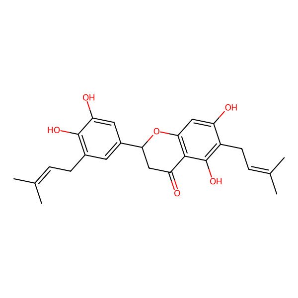 2D Structure of (2S)-2-[3,4-dihydroxy-5-(3-methylbut-2-enyl)phenyl]-5,7-dihydroxy-6-(3-methylbut-2-enyl)-2,3-dihydrochromen-4-one