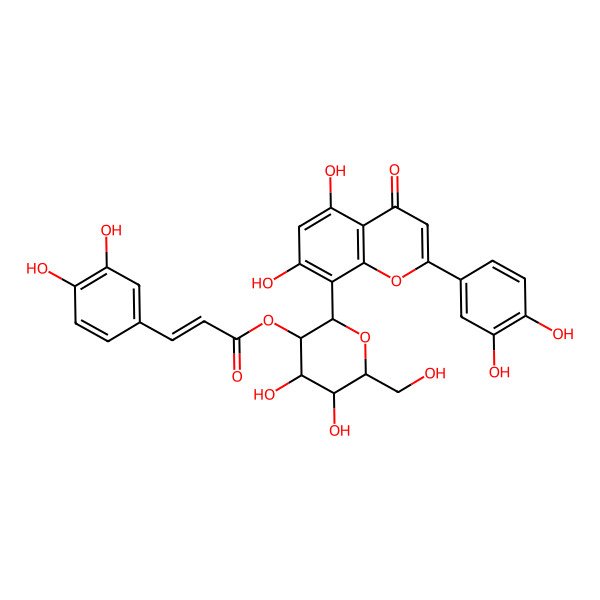2D Structure of [(2S,3R,4S,5S,6R)-2-[2-(3,4-dihydroxyphenyl)-5,7-dihydroxy-4-oxochromen-8-yl]-4,5-dihydroxy-6-(hydroxymethyl)oxan-3-yl] (E)-3-(3,4-dihydroxyphenyl)prop-2-enoate