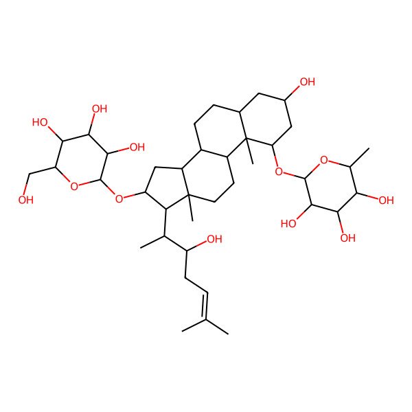 2D Structure of (2R,3R,4R,5R,6S)-2-[[(1R,3R,5S,8S,9S,10S,13S,14S,16S,17R)-3-hydroxy-17-[(2S,3S)-3-hydroxy-6-methylhept-5-en-2-yl]-10,13-dimethyl-16-[(2S,3S,4R,5R,6S)-3,4,5-trihydroxy-6-(hydroxymethyl)oxan-2-yl]oxy-2,3,4,5,6,7,8,9,11,12,14,15,16,17-tetradecahydro-1H-cyclopenta[a]phenanthren-1-yl]oxy]-6-methyloxane-3,4,5-triol