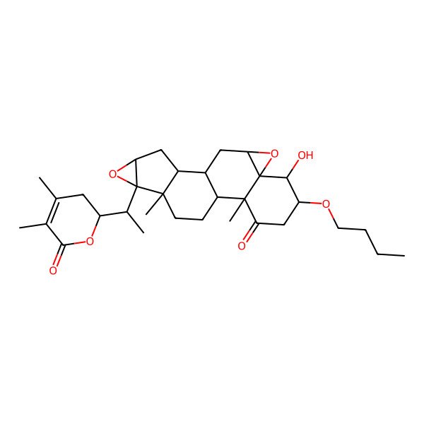 2D Structure of 5-Butoxy-16-[1-(4,5-dimethyl-6-oxo-2,3-dihydropyran-2-yl)ethyl]-6-hydroxy-2,17-dimethyl-8,15-dioxahexacyclo[9.8.0.02,7.07,9.012,17.014,16]nonadecan-3-one