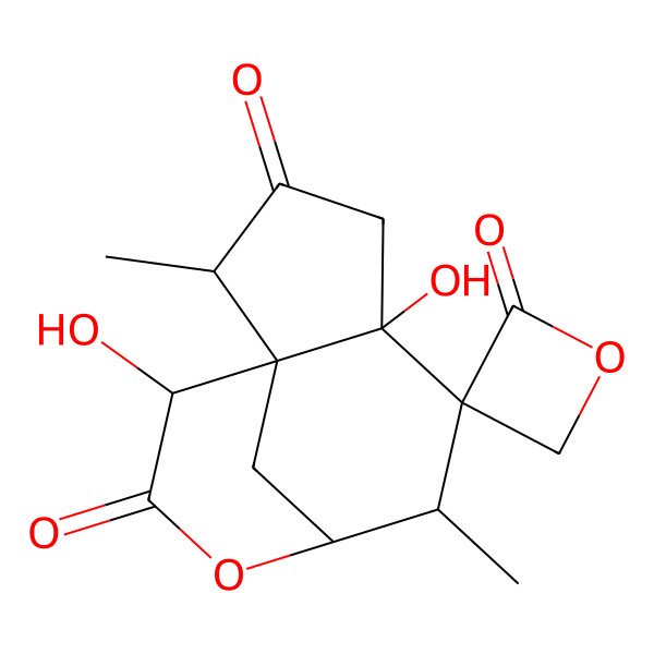 2D Structure of (1S,2S,5R,6R,7S,8R,11R)-5,11-dihydroxy-2,7-dimethylspiro[9-oxatricyclo[6.3.1.01,5]dodecane-6,3'-oxetane]-2',3,10-trione