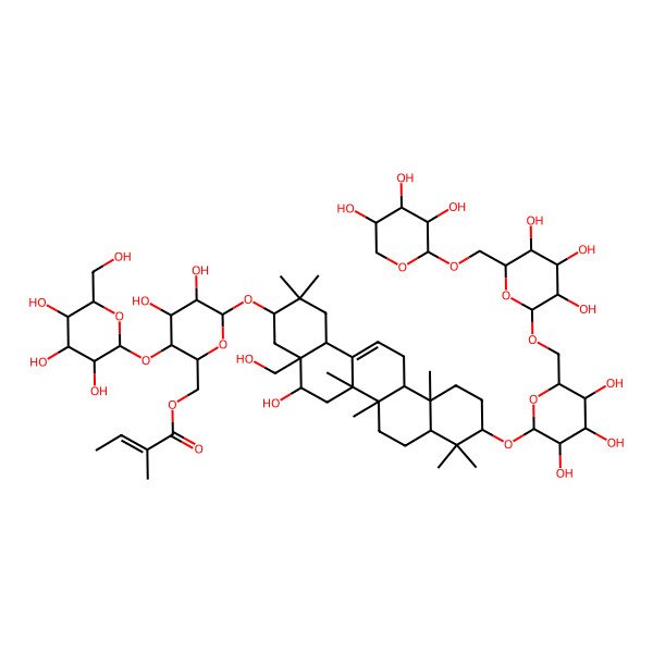 2D Structure of [(2R,3S,4R,5R,6R)-6-[[(3S,4aS,5S,6aR,6aS,6bR,8aR,10S,12aR,14bS)-5-hydroxy-4a-(hydroxymethyl)-2,2,6a,6b,9,9,12a-heptamethyl-10-[(2R,3R,4S,5S,6R)-3,4,5-trihydroxy-6-[[(2R,3R,4S,5S,6R)-3,4,5-trihydroxy-6-[[(2S,3R,4S,5R)-3,4,5-trihydroxyoxan-2-yl]oxymethyl]oxan-2-yl]oxymethyl]oxan-2-yl]oxy-1,3,4,5,6,6a,7,8,8a,10,11,12,13,14b-tetradecahydropicen-3-yl]oxy]-4,5-dihydroxy-3-[(2S,3R,4S,5S,6R)-3,4,5-trihydroxy-6-(hydroxymethyl)oxan-2-yl]oxyoxan-2-yl]methyl (E)-2-methylbut-2-enoate