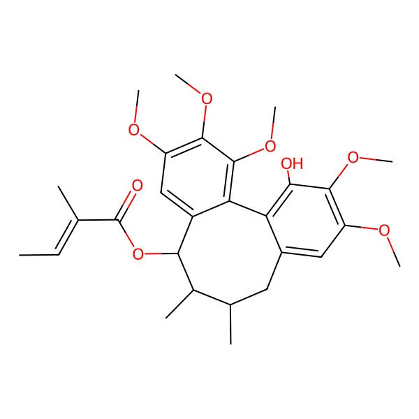 2D Structure of (16-Hydroxy-3,4,5,14,15-pentamethoxy-9,10-dimethyl-8-tricyclo[10.4.0.02,7]hexadeca-1(16),2,4,6,12,14-hexaenyl) 2-methylbut-2-enoate