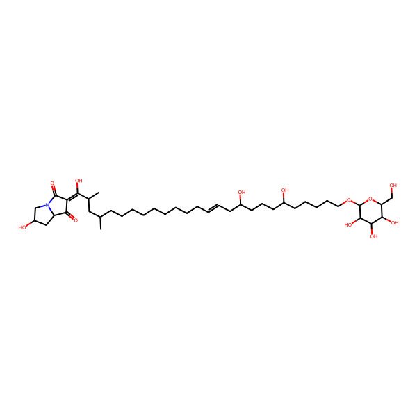 2D Structure of (2Z,6R,8S)-6-Hydroxy-2-[(E)-1,17,21-trihydroxy-2,4-dimethyl-26-[(2R,3S,4S,5S,6R)-3,4,5-trihydroxy-6-(hydroxymethyl)oxan-2-yl]oxyhexacos-14-enylidene]-5,6,7,8-tetrahydropyrrolizine-1,3-dione
