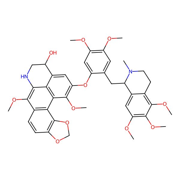 2D Structure of (15R)-18-[4,5-dimethoxy-2-[[(1S)-5,6,7-trimethoxy-2-methyl-3,4-dihydro-1H-isoquinolin-1-yl]methyl]phenoxy]-11,19-dimethoxy-4,6-dioxa-13-azapentacyclo[10.7.1.02,10.03,7.016,20]icosa-1(20),2(10),3(7),8,11,16,18-heptaen-15-ol