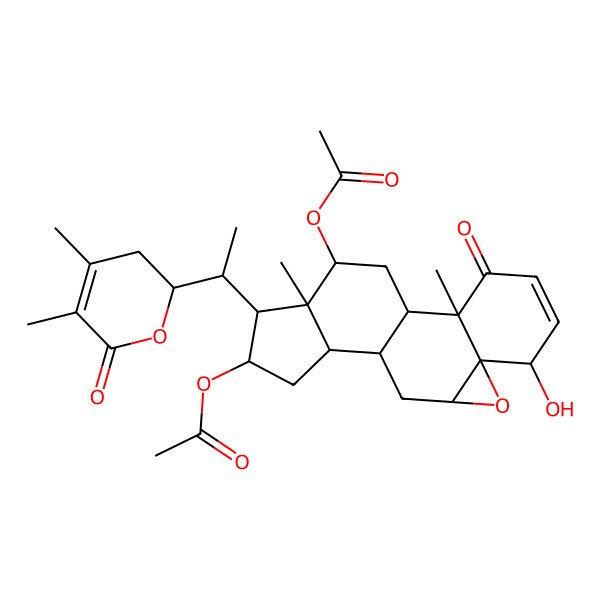 2D Structure of [17-Acetyloxy-15-[1-(4,5-dimethyl-6-oxo-2,3-dihydropyran-2-yl)ethyl]-6-hydroxy-2,16-dimethyl-3-oxo-8-oxapentacyclo[9.7.0.02,7.07,9.012,16]octadec-4-en-14-yl] acetate