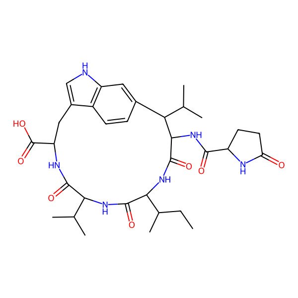 2D Structure of (6S,9S,12S,15S,16R)-12-butan-2-yl-8,11,14-trioxo-15-[[(2S)-5-oxopyrrolidine-2-carbonyl]amino]-9,16-di(propan-2-yl)-2,7,10,13-tetrazatricyclo[15.3.1.04,20]henicosa-1(20),3,17(21),18-tetraene-6-carboxylic acid