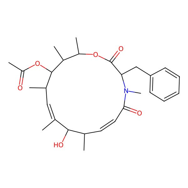 2D Structure of (3-Benzyl-9-hydroxy-4,8,10,12,14,15-hexamethyl-2,5-dioxo-1-oxa-4-azacyclopentadeca-6,10-dien-13-yl) acetate