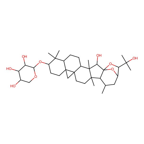 2D Structure of (2R,3R,4S,5S)-2-[[(1S,2R,3S,4R,7R,9S,12R,14S,17R,18R,19R,21R,22S)-2-hydroxy-22-(2-hydroxypropan-2-yl)-3,8,8,17,19-pentamethyl-23,24-dioxaheptacyclo[19.2.1.01,18.03,17.04,14.07,12.012,14]tetracosan-9-yl]oxy]oxane-3,4,5-triol