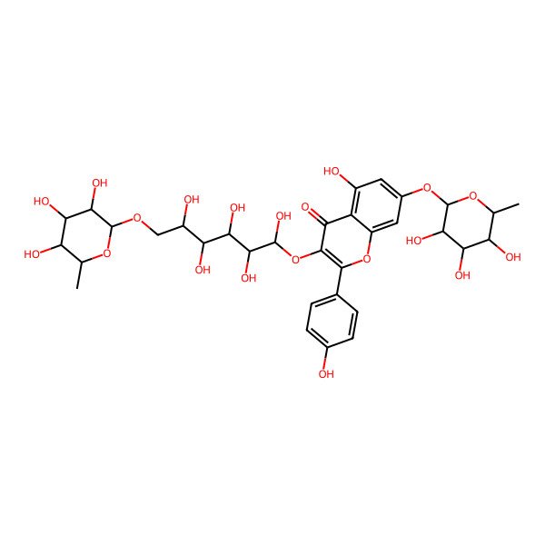 2D Structure of 5-hydroxy-2-(4-hydroxyphenyl)-3-[(1S,2R,3S,4R,5R)-1,2,3,4,5-pentahydroxy-6-[(2S,3R,4R,5R,6S)-3,4,5-trihydroxy-6-methyloxan-2-yl]oxyhexoxy]-7-[(2S,3R,4R,5R,6S)-3,4,5-trihydroxy-6-methyloxan-2-yl]oxychromen-4-one