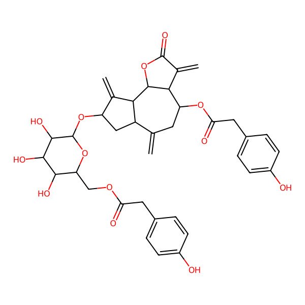 2D Structure of [3,4,5-Trihydroxy-6-[[4-[2-(4-hydroxyphenyl)acetyl]oxy-3,6,9-trimethylidene-2-oxo-3a,4,5,6a,7,8,9a,9b-octahydroazuleno[4,5-b]furan-8-yl]oxy]oxan-2-yl]methyl 2-(4-hydroxyphenyl)acetate