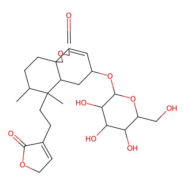 2D Structure of 7,8-dimethyl-7-[2-(5-oxo-2H-furan-4-yl)ethyl]-5-[3,4,5-trihydroxy-6-(hydroxymethyl)oxan-2-yl]oxy-5,6,6a,8,9,10-hexahydro-1H-benzo[d][2]benzofuran-3-one