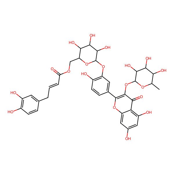 2D Structure of [(3S,4S,6S)-6-[5-[5,7-dihydroxy-4-oxo-3-[(2S,4S,5S)-3,4,5-trihydroxy-6-methyloxan-2-yl]oxychromen-2-yl]-2-hydroxyphenoxy]-3,4,5-trihydroxyoxan-2-yl]methyl (E)-4-(3,4-dihydroxyphenyl)but-2-enoate