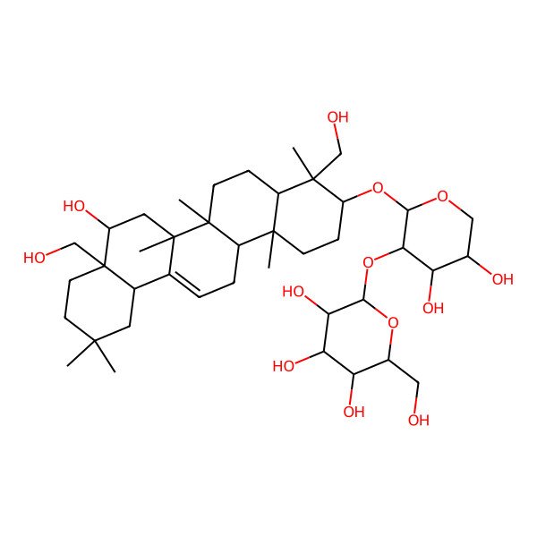 2D Structure of 2-[4,5-Dihydroxy-2-[[8-hydroxy-4,8a-bis(hydroxymethyl)-4,6a,6b,11,11,14b-hexamethyl-1,2,3,4a,5,6,7,8,9,10,12,12a,14,14a-tetradecahydropicen-3-yl]oxy]oxan-3-yl]oxy-6-(hydroxymethyl)oxane-3,4,5-triol