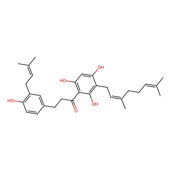 2D Structure of 1-[3-(3,7-Dimethylocta-2,6-dienyl)-2,4,6-trihydroxyphenyl]-3-[4-hydroxy-3-(3-methylbut-2-enyl)phenyl]propan-1-one